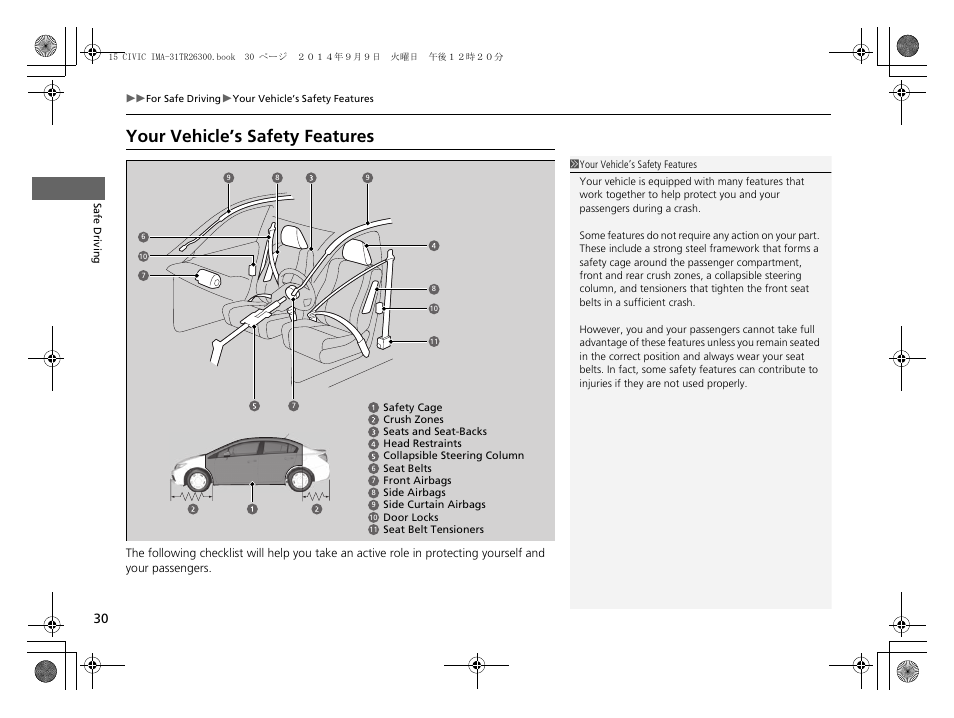 Your vehicle’s safety features | HONDA 2015 Civic Hybrid - Owner's Manual User Manual | Page 31 / 377