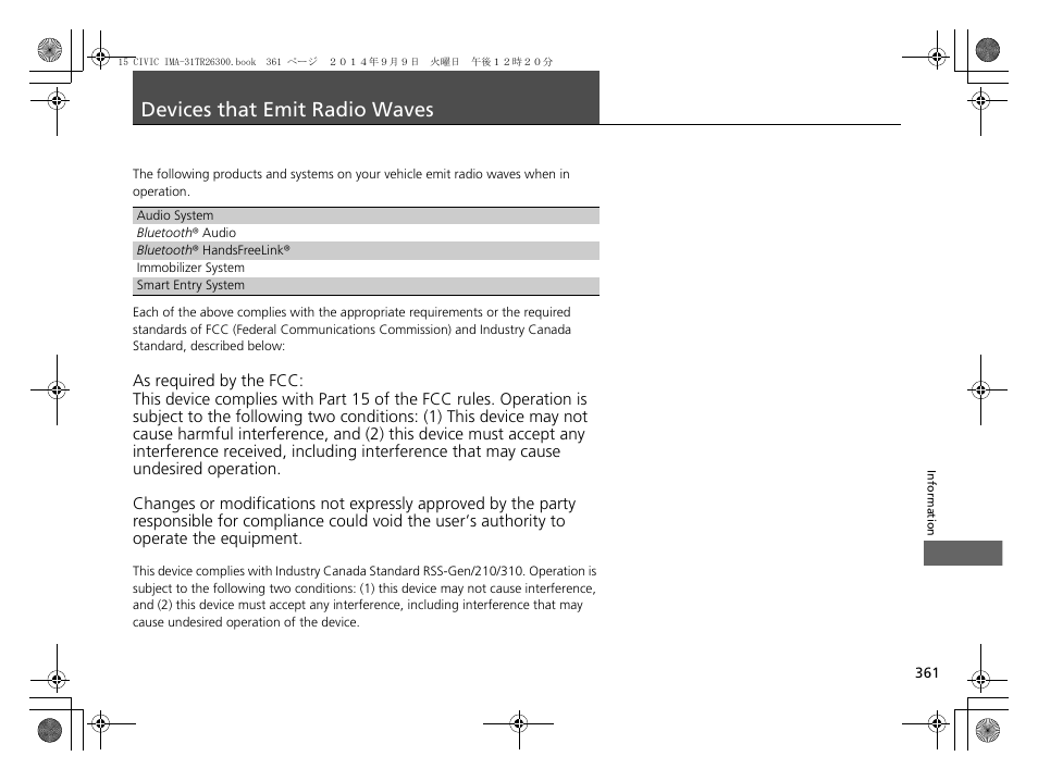 Devices that emit radio waves | HONDA 2015 Civic Hybrid - Owner's Manual User Manual | Page 362 / 377