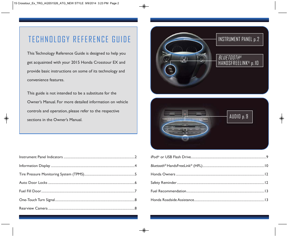 Bluetooth, Handsfreelink, P. 10 instrument panel p. 2 audio p. 9 | HONDA 2015 Crosstour (EX) - Technology Reference Guide User Manual | Page 2 / 8