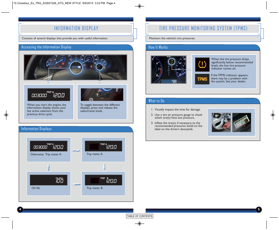 Information display, Tire pressure monitoring system (tpms) | HONDA 2015 Crosstour (EX) - Technology Reference Guide User Manual | Page 4 / 8