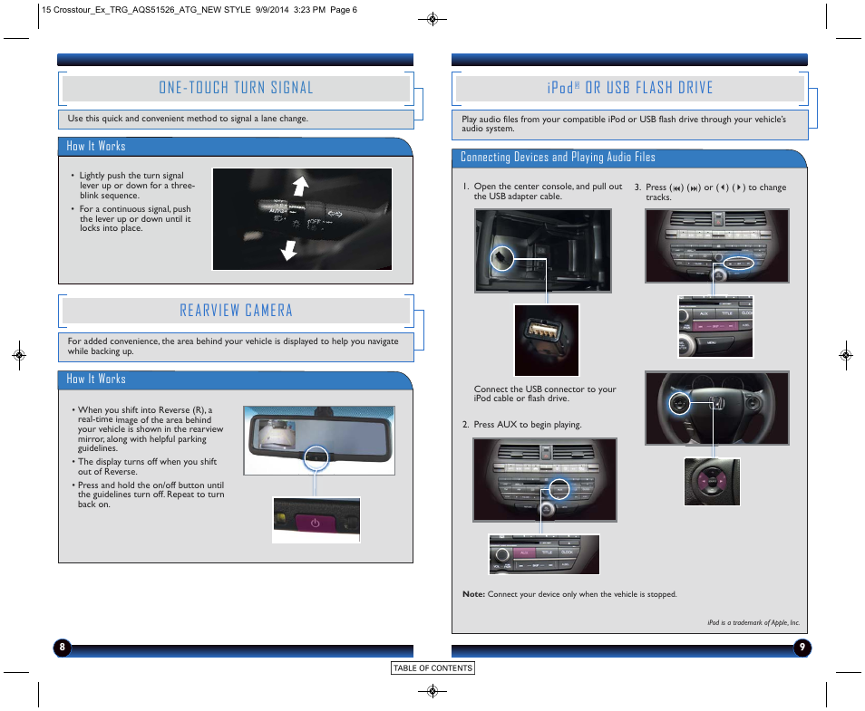 Ipod, Or usb flash drive, One-touch turn signal | Rearview camera, Audio p. 9 | HONDA 2015 Crosstour (EX) - Technology Reference Guide User Manual | Page 6 / 8