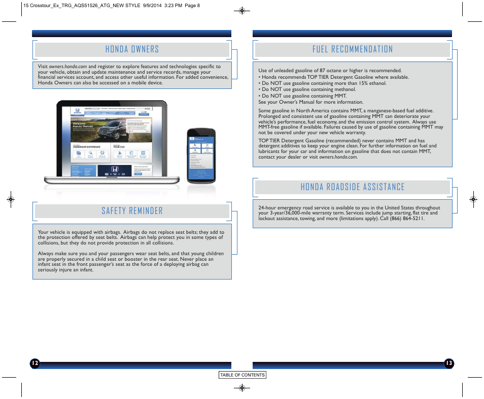 Honda owners, Safety reminder, Fuel recommendation | Honda roadside assistance | HONDA 2015 Crosstour (EX) - Technology Reference Guide User Manual | Page 8 / 8