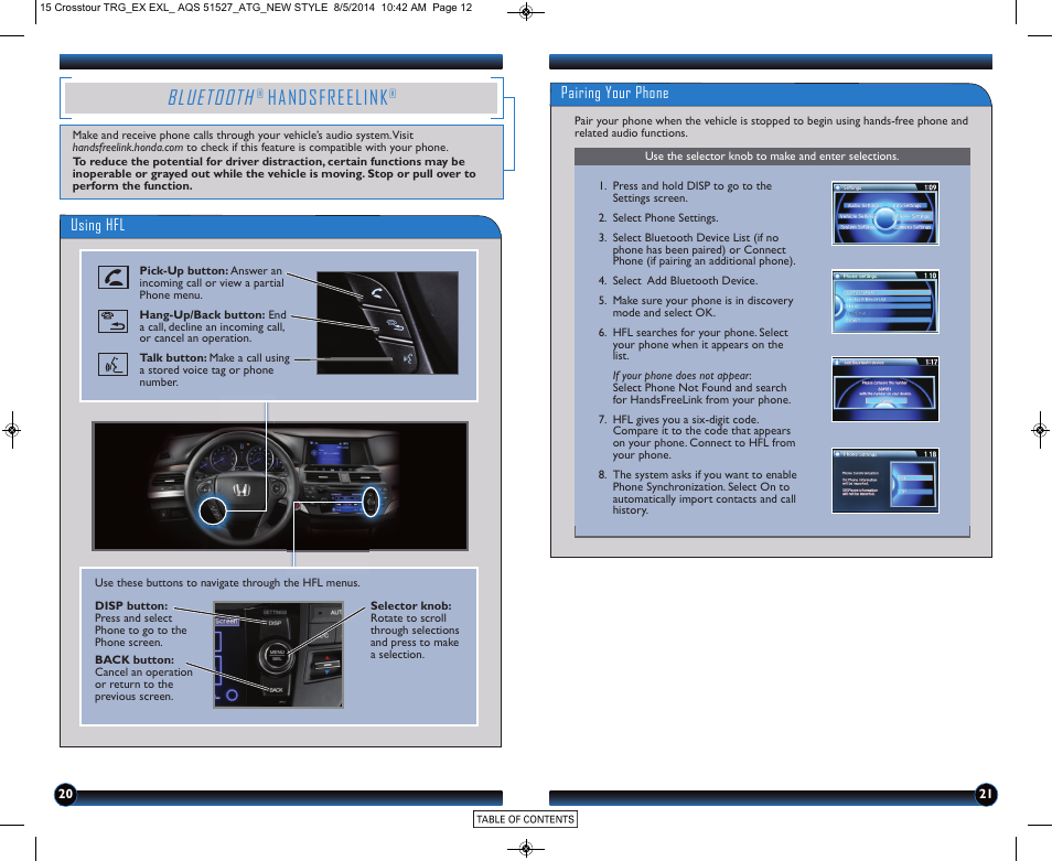 Bluetooth, Handsfreelink, P.20 | Hfl), Using hfl, Pairing your phone | HONDA 2015 Crosstour (EX/EX-L) - Technology Reference Guide User Manual | Page 12 / 17