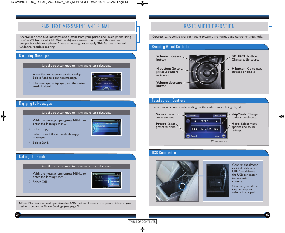 Sms text messaging and e-mail, Basic audio operation, Receiving messages | Replying to messages, Calling the sender, Steering wheel controls, Touchscreen controls, Usb connection | HONDA 2015 Crosstour (EX/EX-L) - Technology Reference Guide User Manual | Page 14 / 17