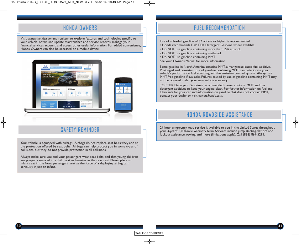 Honda owners, Safety reminder, Fuel recommendation | Honda roadside assistance | HONDA 2015 Crosstour (EX/EX-L) - Technology Reference Guide User Manual | Page 17 / 17
