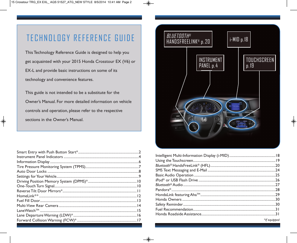 Technology reference guide, Touchscreen p.19 bluetooth, Handsfreelink | HONDA 2015 Crosstour (EX/EX-L) - Technology Reference Guide User Manual | Page 2 / 17