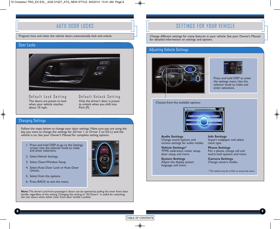 Auto door locks, Settings for your vehicle | HONDA 2015 Crosstour (EX/EX-L) - Technology Reference Guide User Manual | Page 6 / 17