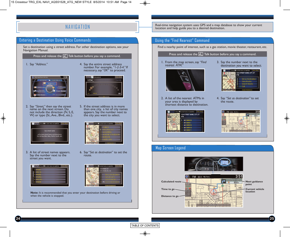 Navigation, Entering a destination using voice commands, Using the “find nearest” command map screen legend | HONDA 2015 Crosstour (EX-L with Navigation) - Technology Reference Guide User Manual | Page 14 / 22