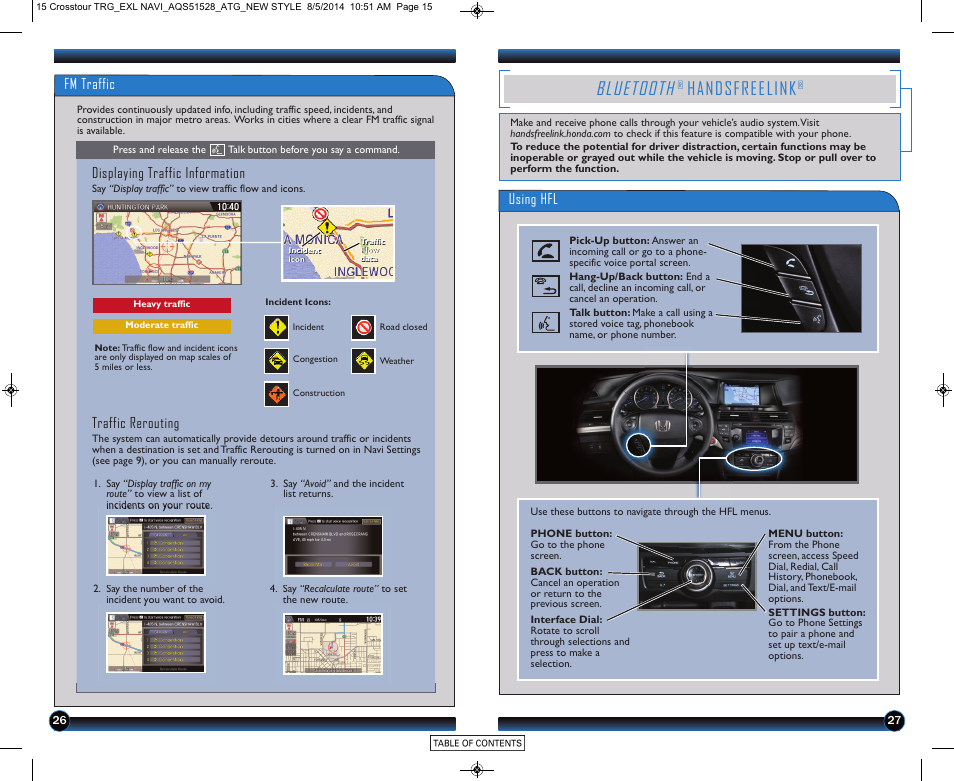 Bluetooth, Handsfreelink, P.27 | Hfl), Using hfl, Fm traffic displaying traffic information, Traffic rerouting | HONDA 2015 Crosstour (EX-L with Navigation) - Technology Reference Guide User Manual | Page 15 / 22