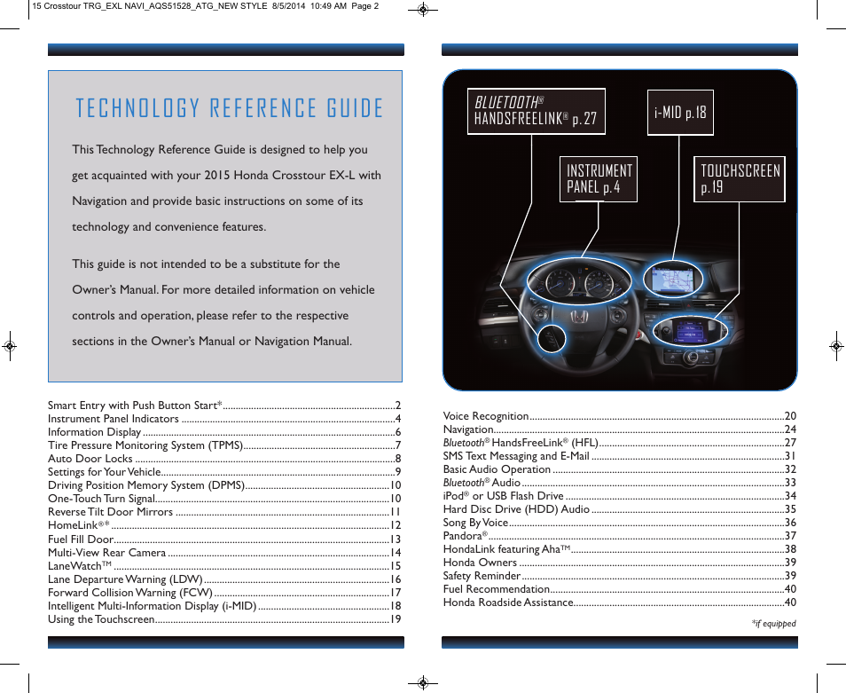 Technology reference guide, Touchscreen p.19 bluetooth, Handsfreelink | P.27 instrument panel p.4, I-mid p.18 | HONDA 2015 Crosstour (EX-L with Navigation) - Technology Reference Guide User Manual | Page 2 / 22