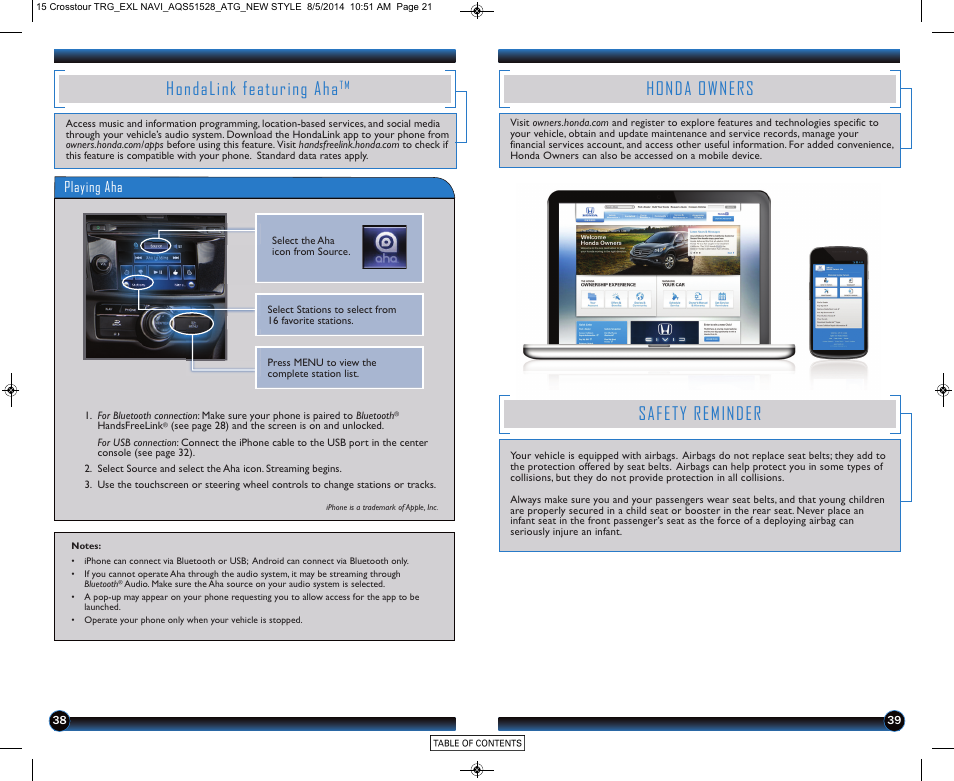 Hondalink featuring aha, Honda owners, Safety reminder | Playing aha | HONDA 2015 Crosstour (EX-L with Navigation) - Technology Reference Guide User Manual | Page 21 / 22