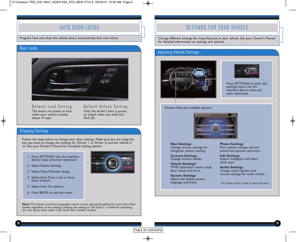 Auto door locks, Settings for your vehicle | HONDA 2015 Crosstour (EX-L with Navigation) - Technology Reference Guide User Manual | Page 6 / 22