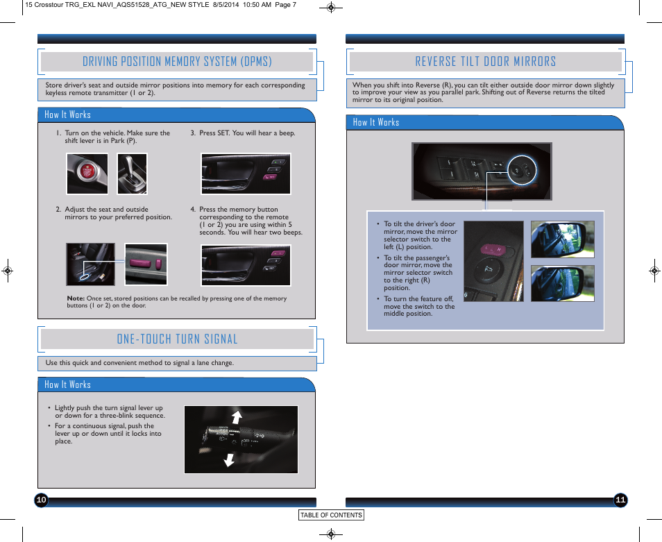 Driving position memory system (dpms), One-touch turn signal, Reverse tilt door mirrors | HONDA 2015 Crosstour (EX-L with Navigation) - Technology Reference Guide User Manual | Page 7 / 22