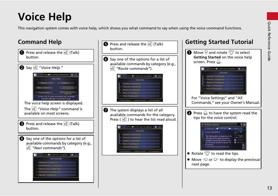 Voice help, P13), Voice help (p13) | Command help, Getting started tutorial | HONDA 2015 Crosstour - Navigation Manual User Manual | Page 14 / 150