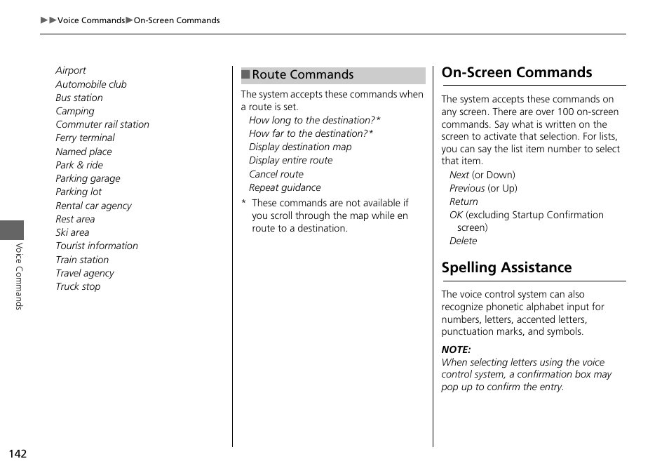 2 route commands p. 142, On-screen commands, Spelling assistance | HONDA 2015 Crosstour - Navigation Manual User Manual | Page 143 / 150