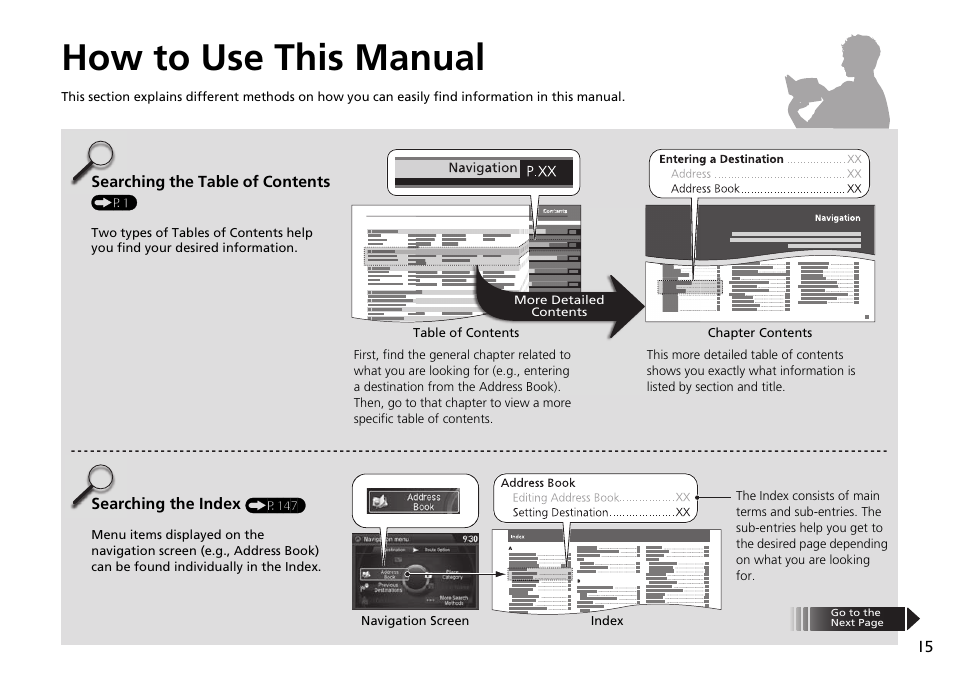 How to use this manual | HONDA 2015 Crosstour - Navigation Manual User Manual | Page 16 / 150