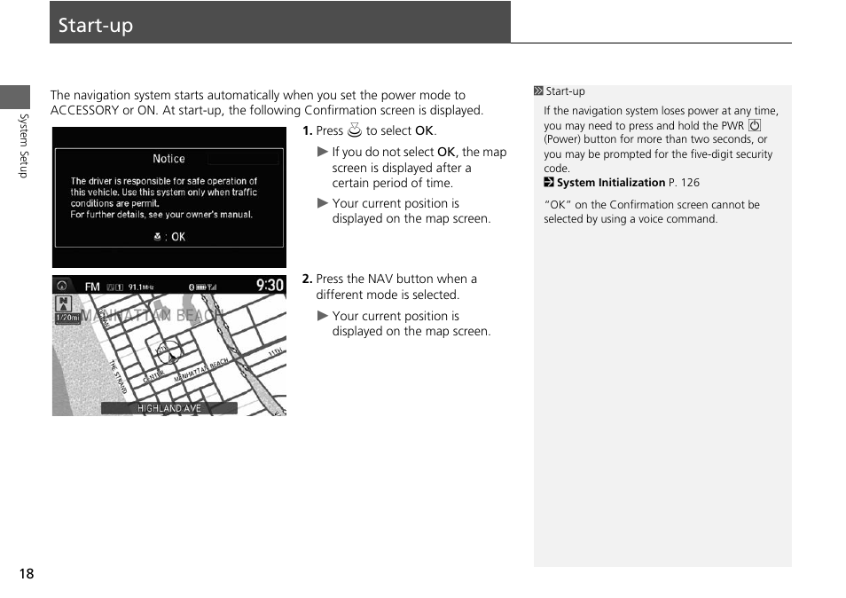 Start-up 18, P18), Start-up | HONDA 2015 Crosstour - Navigation Manual User Manual | Page 19 / 150