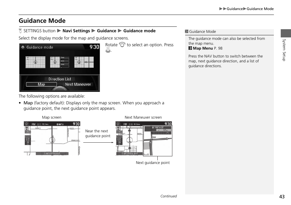 Guidance mode, 2 guidance mode, P. 43 | HONDA 2015 Crosstour - Navigation Manual User Manual | Page 44 / 150