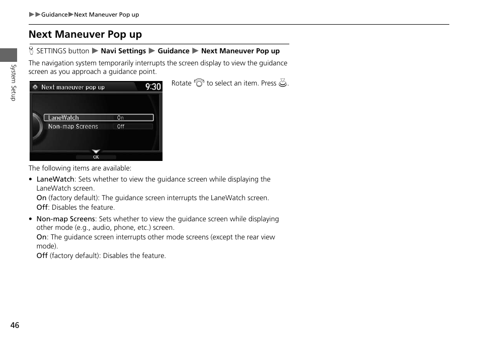 Next maneuver pop up, 2 next maneuver pop up, P. 46 | HONDA 2015 Crosstour - Navigation Manual User Manual | Page 47 / 150