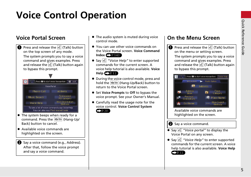 Voice control operation, Voice portal screen, On the menu screen | HONDA 2015 Crosstour - Navigation Manual User Manual | Page 6 / 150