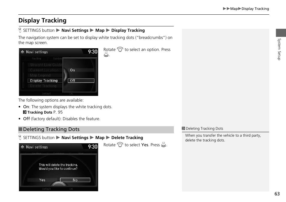 Display tracking, 2 display tracking, P. 63 | 2 deleting tracking dots | HONDA 2015 Crosstour - Navigation Manual User Manual | Page 64 / 150