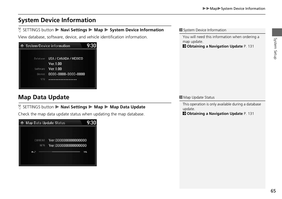 System device information map data update, 2 system device information, P. 65 | 2 map data update, System device information, Map data update | HONDA 2015 Crosstour - Navigation Manual User Manual | Page 66 / 150