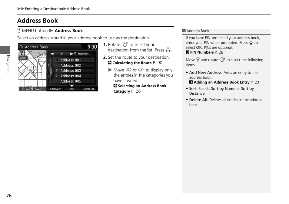 Address book, 2 address book, P. 76 | HONDA 2015 Crosstour - Navigation Manual User Manual | Page 77 / 150