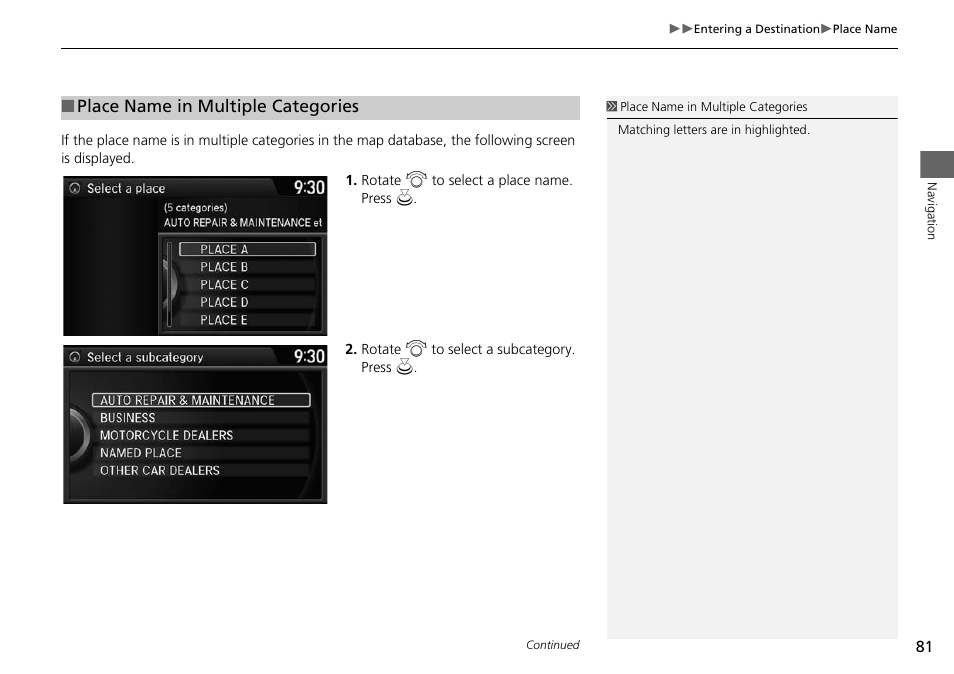 2 place name in multiple categories, P. 81, Place name in multiple categories | HONDA 2015 Crosstour - Navigation Manual User Manual | Page 82 / 150