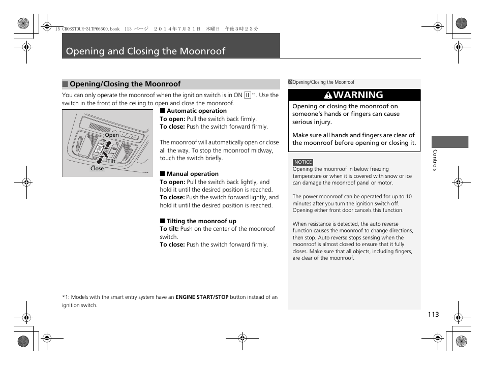 Opening and closing the moonroof p. 113, P113, Opening and closing the moonroof | Warning | HONDA 2015 Crosstour - Owner's Manual User Manual | Page 114 / 573