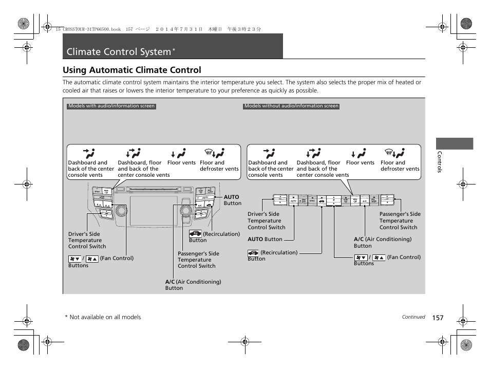 Climate control system, P. 157, P 157 | Using automatic climate control | HONDA 2015 Crosstour - Owner's Manual User Manual | Page 158 / 573