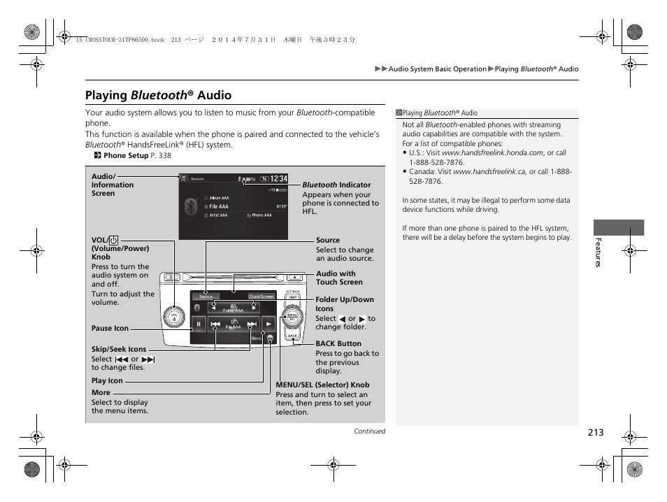 Playing bluetooth ® audio | HONDA 2015 Crosstour - Owner's Manual User Manual | Page 214 / 573