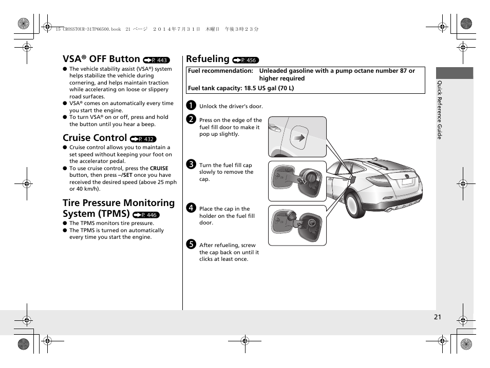 Vsa® off button, Cruise control, Tire pressure monitoring system (tpms) | Refueling | HONDA 2015 Crosstour - Owner's Manual User Manual | Page 22 / 573