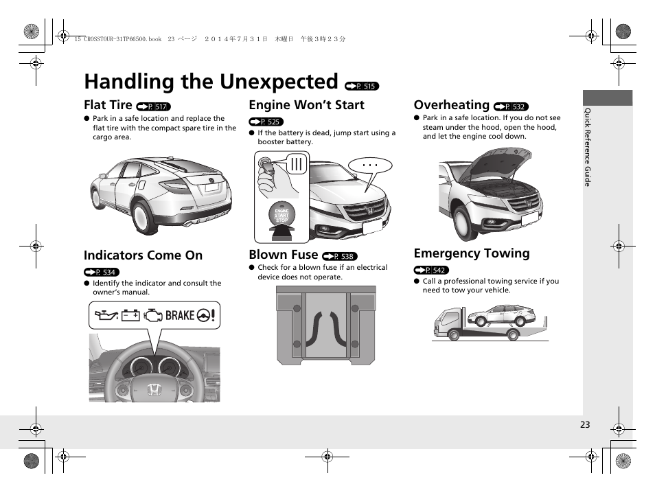 Handling the unexpected (p 515), Handling the unexpected, Flat tire | Indicators come on, Engine won’t start, Blown fuse, Overheating, Emergency towing | HONDA 2015 Crosstour - Owner's Manual User Manual | Page 24 / 573