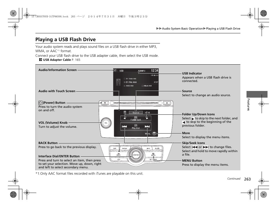 Playing a usb flash drive | HONDA 2015 Crosstour - Owner's Manual User Manual | Page 264 / 573