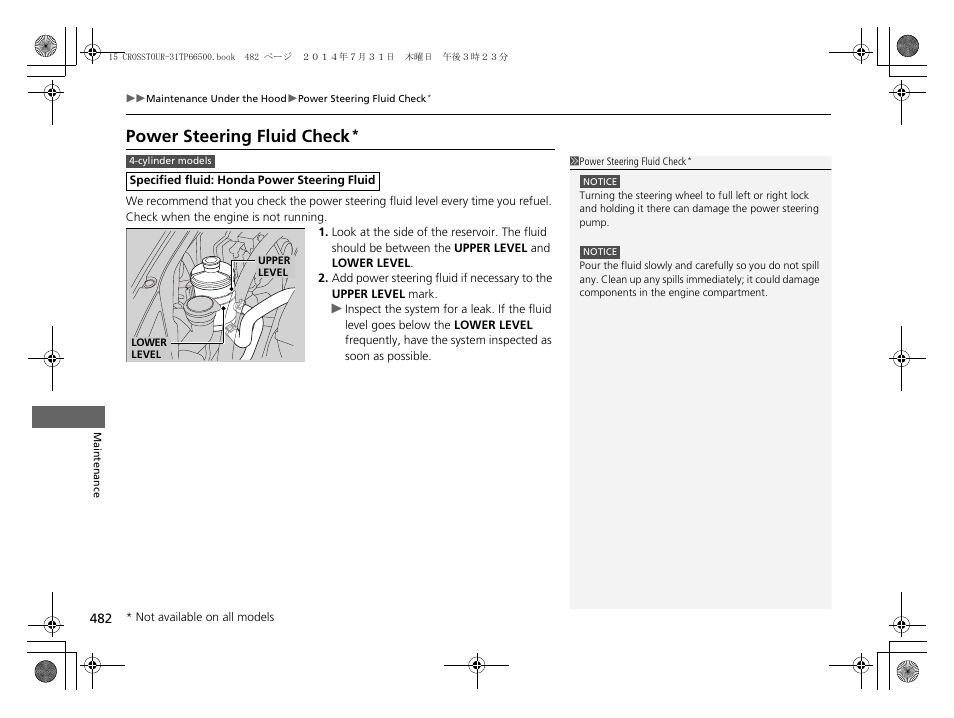 Power steering fluid check | HONDA 2015 Crosstour - Owner's Manual User Manual | Page 483 / 573