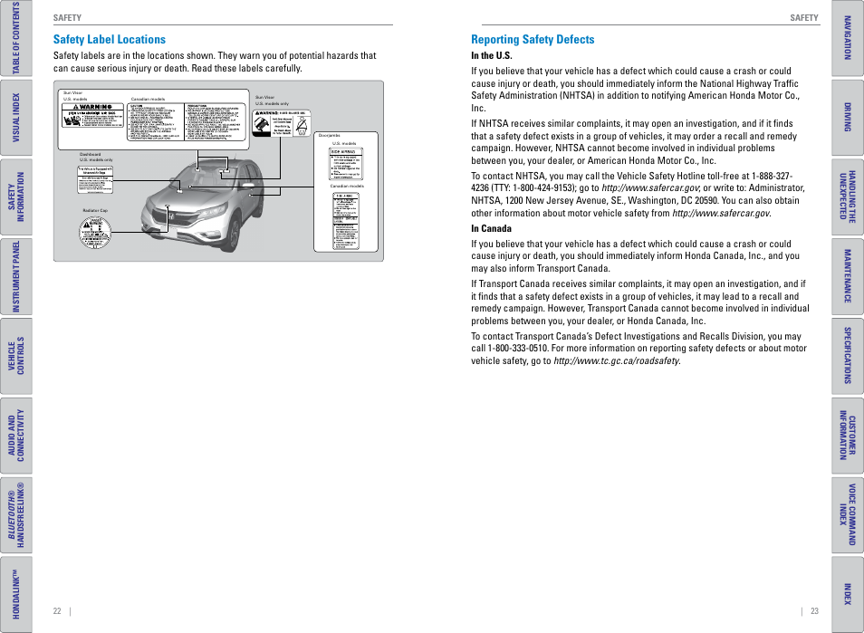 Safety label locations, Reporting safety defects, Safety label locations reporting safety defects | HONDA 2015 CR-V - Owner's Guide (Revised 01/07/2014) User Manual | Page 15 / 81