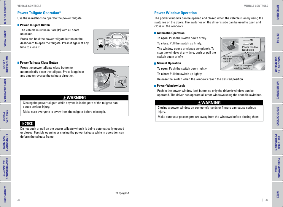 Power tailgate operation, Power window operation, Power tailgate operation* power window operation | P. 36, Power window switches, P. 37, Warning | HONDA 2015 CR-V - Owner's Guide (Revised 01/07/2014) User Manual | Page 22 / 81