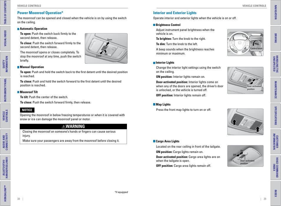 Power moonroof operation, Interior and exterior lights, P. 39, p. 40, p. 107 | P. 39, P. 38, Warning | HONDA 2015 CR-V - Owner's Guide (Revised 01/07/2014) User Manual | Page 23 / 81