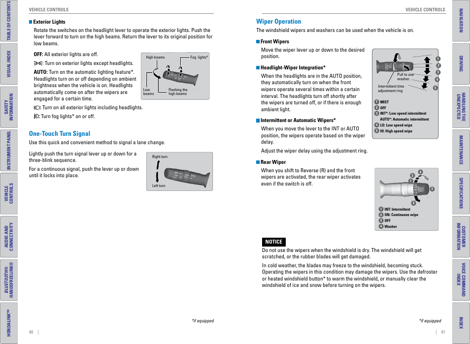 One-touch turn signal, Wiper operation, One-touch turn signal wiper operation | P. 41 | HONDA 2015 CR-V - Owner's Guide (Revised 01/07/2014) User Manual | Page 24 / 81