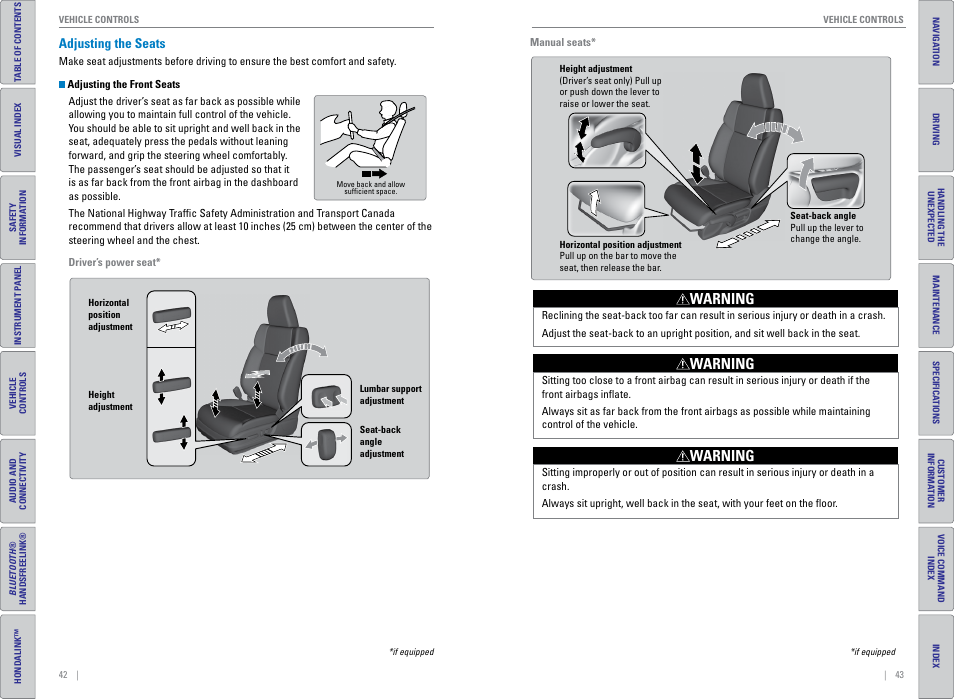 Adjusting the seats, Warning | HONDA 2015 CR-V - Owner's Guide (Revised 01/07/2014) User Manual | Page 25 / 81