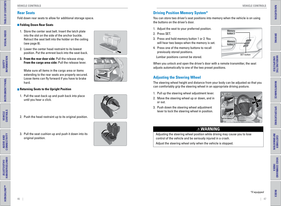 Rear seats, Driving position memory system, Adjusting the steering wheel | P. 47, Warning | HONDA 2015 CR-V - Owner's Guide (Revised 01/07/2014) User Manual | Page 27 / 81