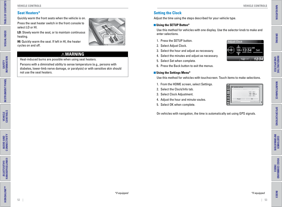 Seat heaters, Setting the clock, Seat heaters* setting the clock | P. 52, Warning | HONDA 2015 CR-V - Owner's Guide (Revised 01/07/2014) User Manual | Page 30 / 81