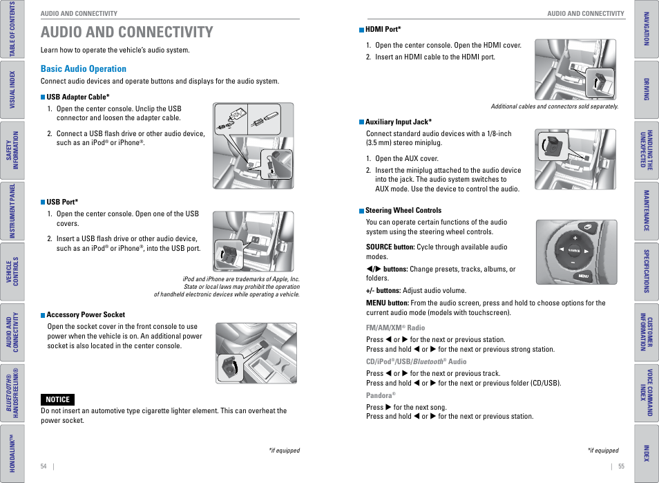 Audio and connectivity, Basic audio operation, Audio and | Connectivity, P. 55, P. 54, Accessory power socket | HONDA 2015 CR-V - Owner's Guide (Revised 01/07/2014) User Manual | Page 31 / 81