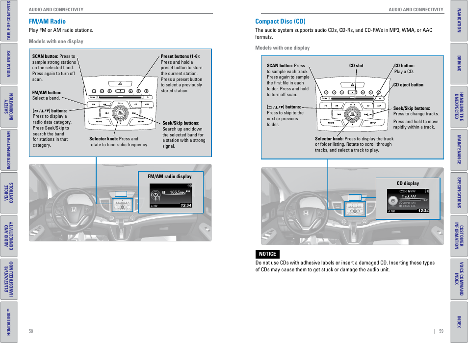 Fm/am radio, Compact disc (cd), Fm/am radio compact disc (cd) | HONDA 2015 CR-V - Owner's Guide (Revised 01/07/2014) User Manual | Page 33 / 81