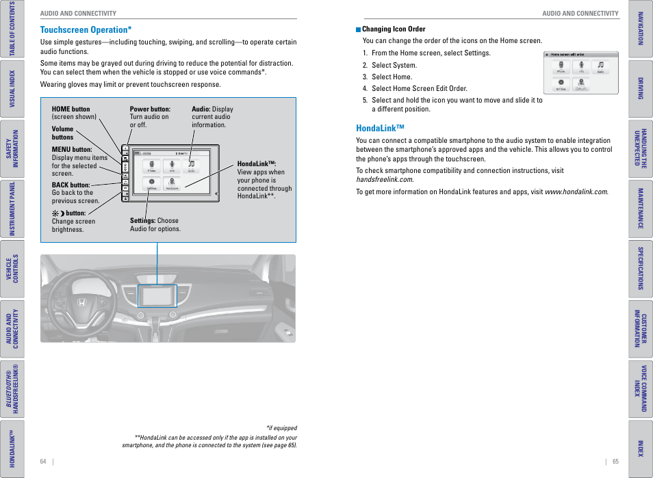 Touchscreen operation, Hondalink, Touchscreen operation* hondalink | P. 64 | HONDA 2015 CR-V - Owner's Guide (Revised 01/07/2014) User Manual | Page 36 / 81