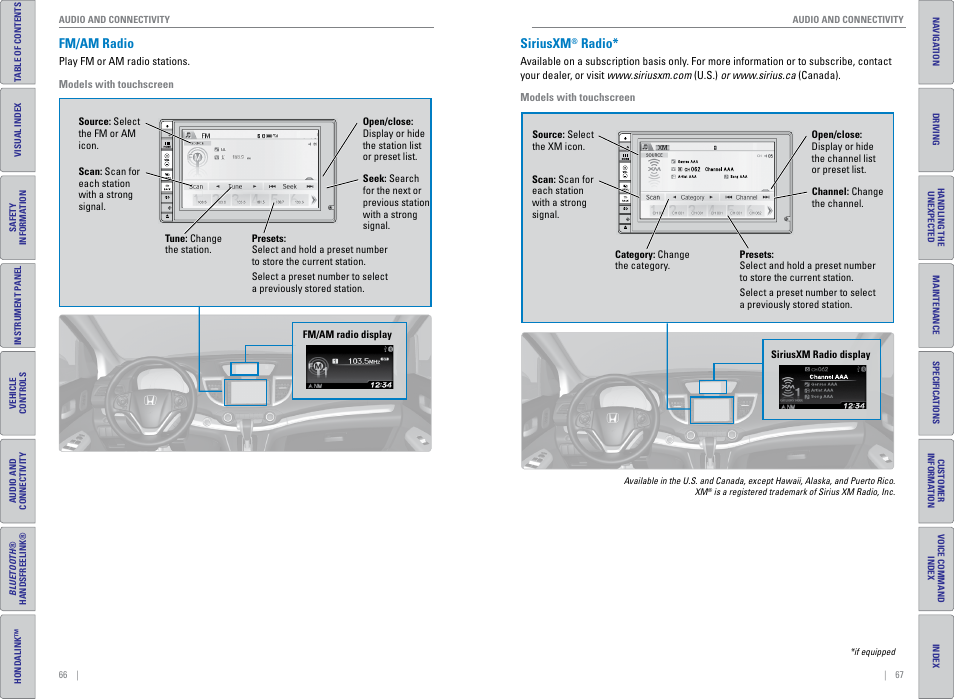Fm/am radio, Siriusxm® radio, Fm/am radio siriusxm | Radio | HONDA 2015 CR-V - Owner's Guide (Revised 01/07/2014) User Manual | Page 37 / 81