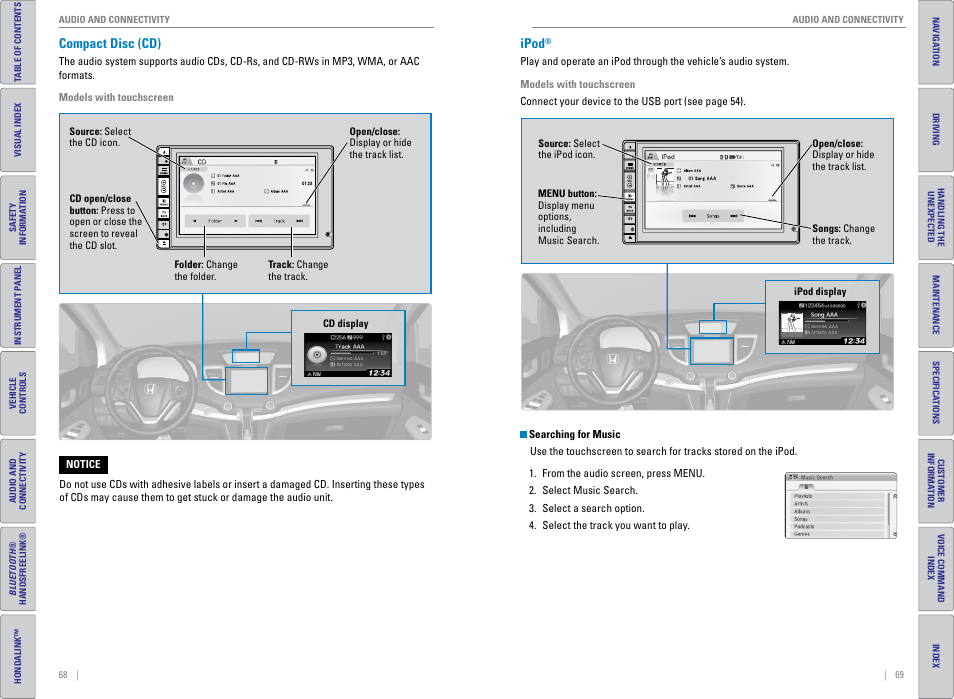 Compact disc (cd), Ipod, Compact disc (cd) ipod | HONDA 2015 CR-V - Owner's Guide (Revised 01/07/2014) User Manual | Page 38 / 81