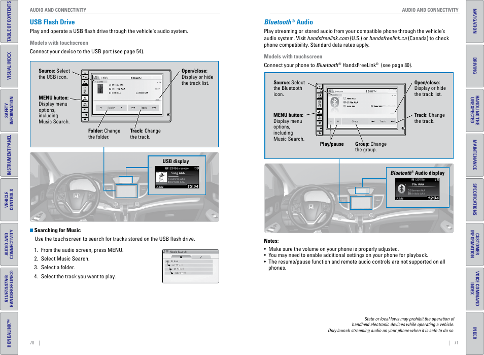 Usb flash drive, Bluetooth® audio, Usb flash drive bluetooth | Audio | HONDA 2015 CR-V - Owner's Guide (Revised 01/07/2014) User Manual | Page 39 / 81