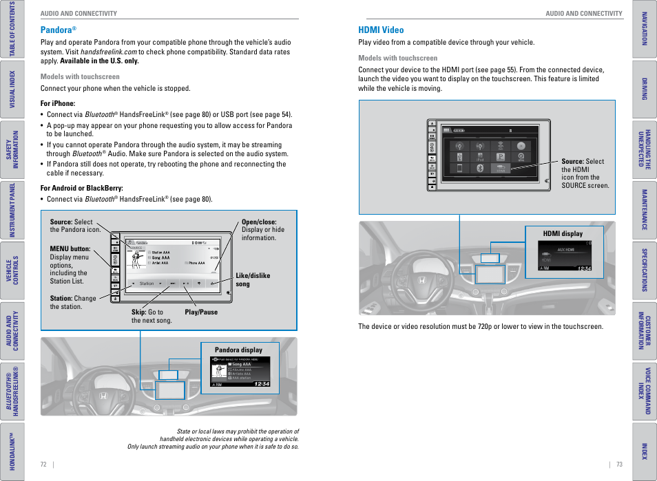Pandora, Hdmi video | HONDA 2015 CR-V - Owner's Guide (Revised 01/07/2014) User Manual | Page 40 / 81