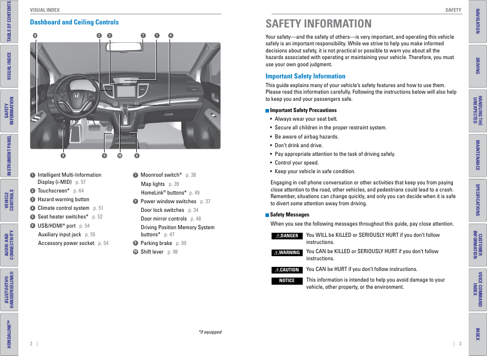 Dashboard and ceiling controls, Safety information, Important safety information | Safety, Informa, Tion | HONDA 2015 CR-V - Owner's Guide (Revised 01/07/2014) User Manual | Page 5 / 81
